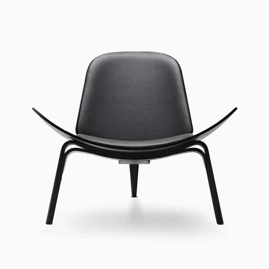 Mid-century modern Shell Chair in black leather and walnut finish for living room