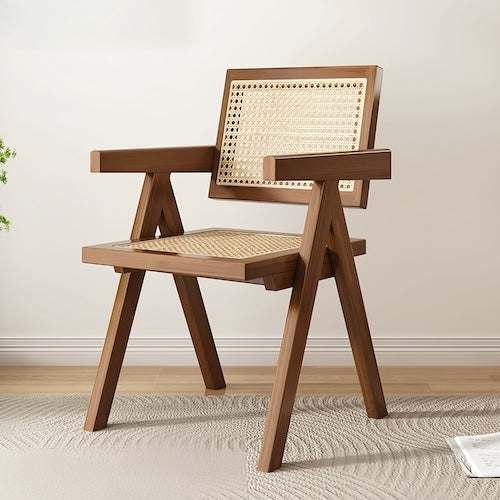Chandigarh Leisure Rattan Chair with wooden frame and hand-woven natural rattan seat and backrest in minimalist modern style