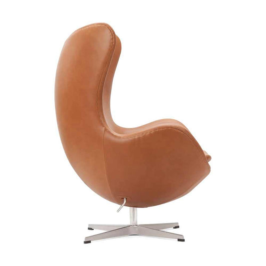 Egg Chair Replica in warm brown leather with metal swivel base and ergonomic design