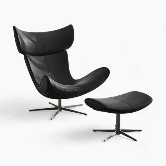 Imola Lounge Chair and matching footstool in black Italian nappa leather with chrome base, ergonomic Danish design