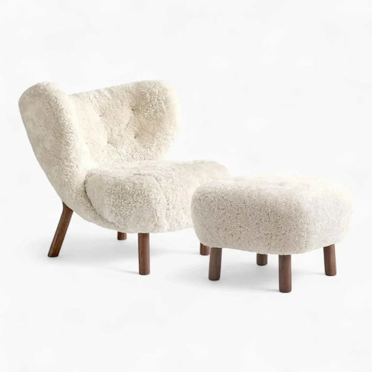 Little Petra Lounge Chair and Ottoman with faux sheep wool upholstery and solid cherry wood legs, Danish design replica