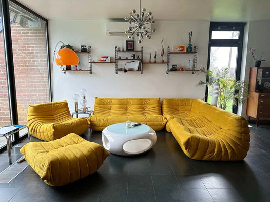 5-piece customizable modular sofa set with chair, loveseat, sofa, corner, and ottoman in various upholstery options